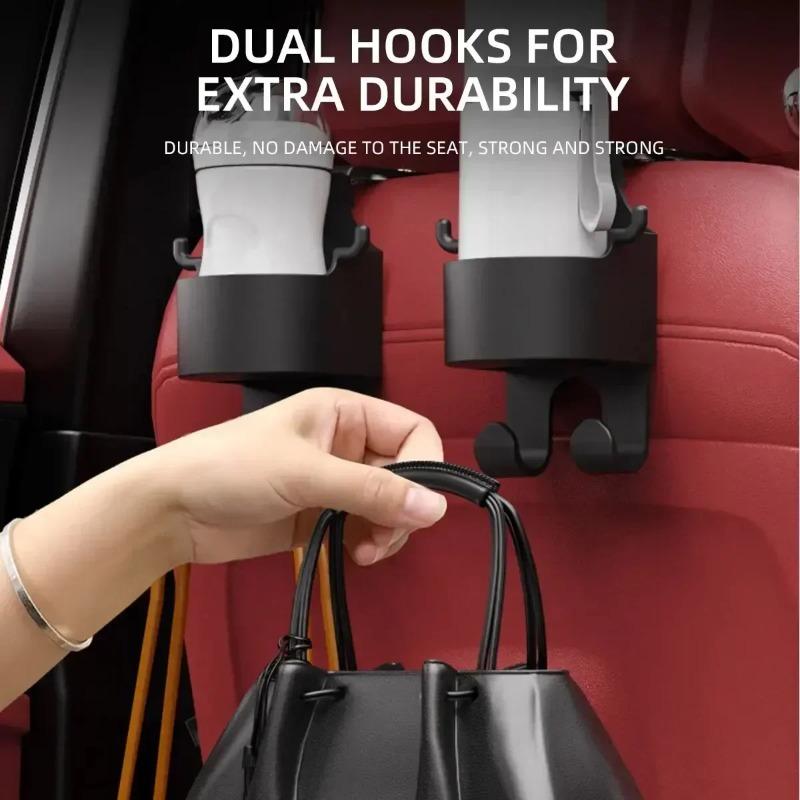 2PCS Universal Car Headrest Hooks- Double Hook Design with Cup Holder for Handbag & Beverage Storage | Fit  Vehicles  Organizer