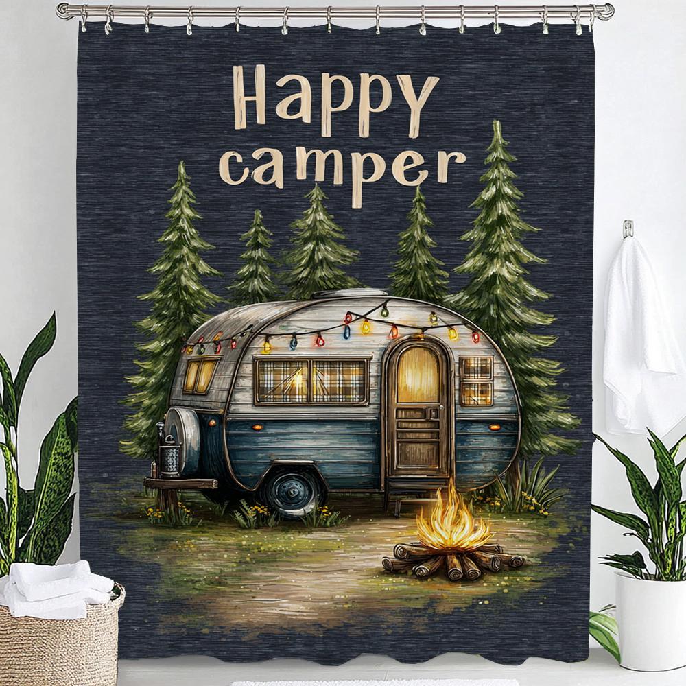 Happy Campers In Cartoon Forest Print Shower Curtain Bathroom Decoration Curtain,Hanging Curtain With Hooks Machine Washable