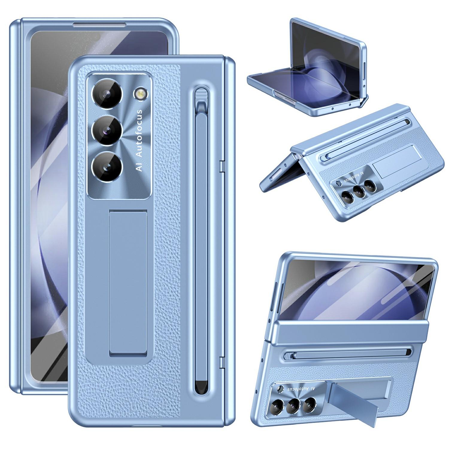 

For Samsung Galaxy Z Fold5 5G Case Electroplating Edge PC+PU+Glass Film Phone Cover with Stylus Blue