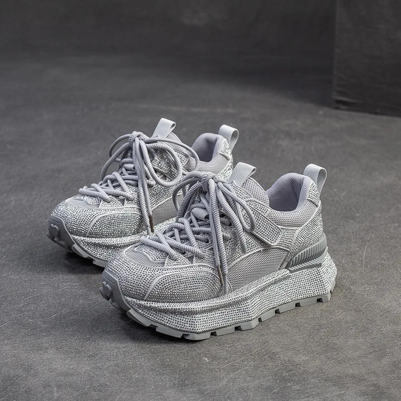 Fashion 5.5CM Fashion Women Breathable Air Mesh Shoes 2025 Summer Thick Sole Platform Casual Sneakers Shining Rhinestone Round Toe Shoes