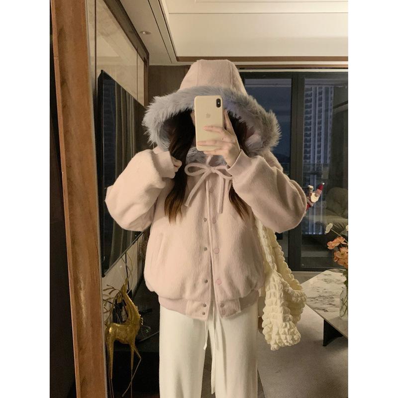 Korean Style Pink Bowknot Fur Hooded Cotton Padded Baseball Jacket Women s Autumn/Winter Coat L