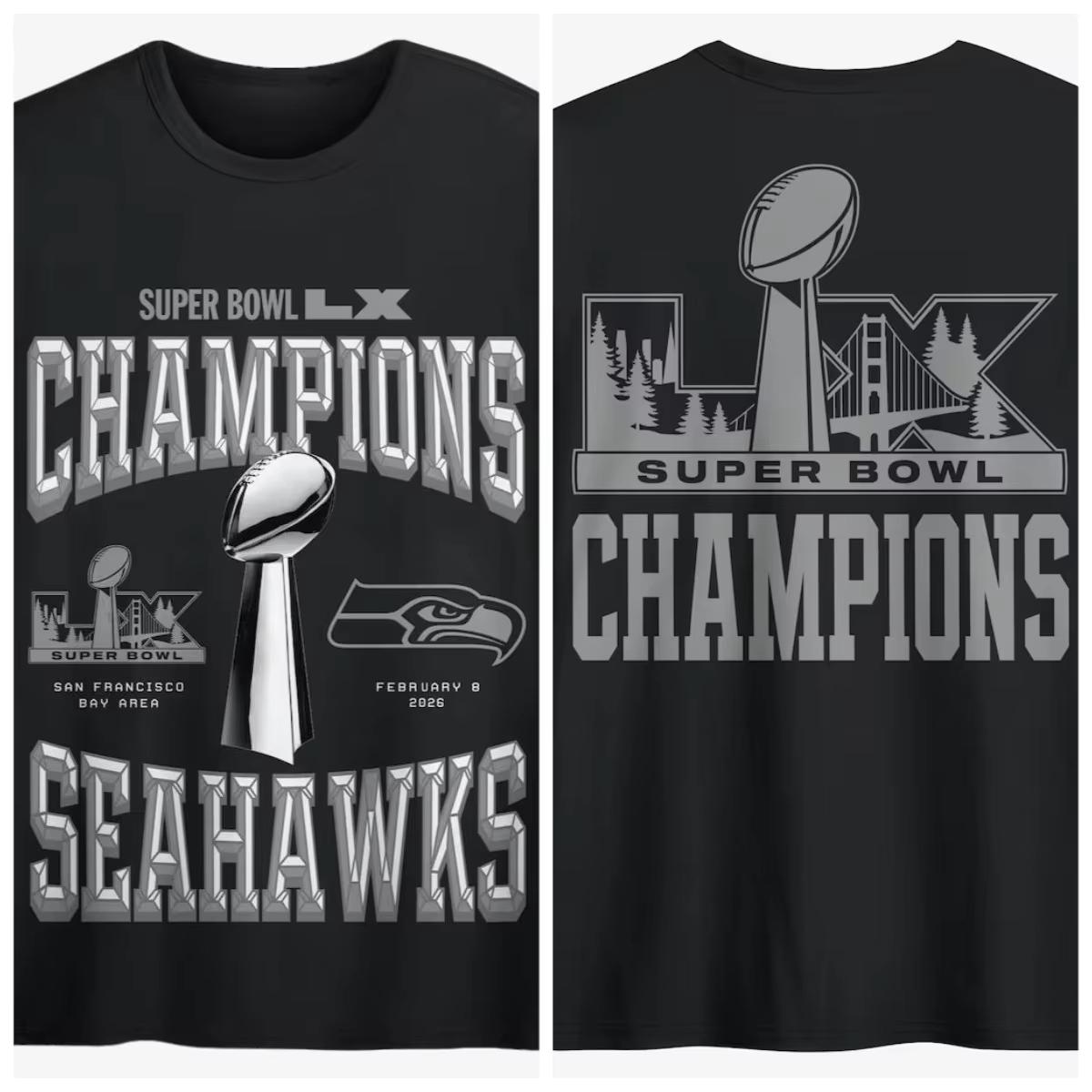 Super Bowl LX 2026 Seahawks Champion Commemorative Shirt Unisex Summer New Football Cotton Oversized T-shirts Hip Hop Streetwear Oversized Tshirt 4XL