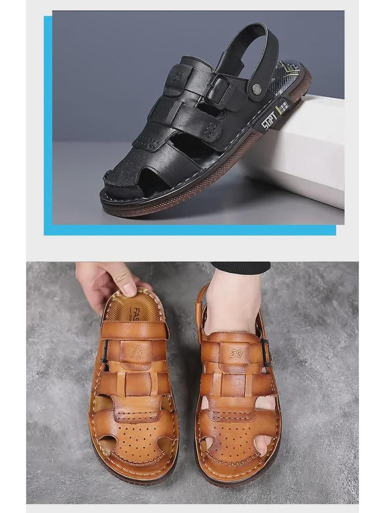 Genuine Leather Men's Summer Sandals - Closed Toe, Non-Slip Outdoor & Driving Shoes with Trendy Cowhide Sole