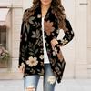 Women Plus Size Open Front Long Sleeve Draped Collar Floral Printed Black Curved Hem Cardigan