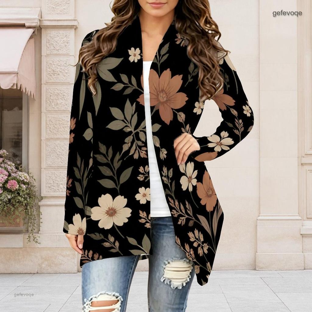 Women Plus Size Open Front Long Sleeve Draped Collar Floral Printed Black Curved Hem Cardigan
