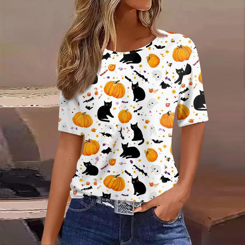 Womens Casual Short Sleeve Pullover Top Halloween Ghost Print Round Neck Relaxed Fit Tee Shirt