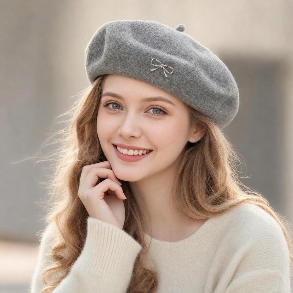 Retro Winter Wool Berets Hat Bowknot Felt Berets Fashion Plain Cap for Women