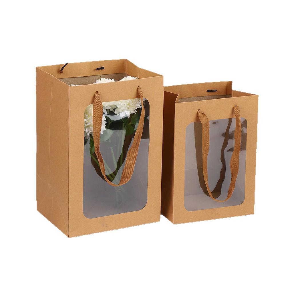 Verdickte Kraftpapier Geschenktüte mit Fenstergriff für Souvenirs und Blumen, Auf Lager