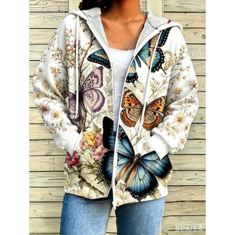 Zipper Splicing Fashion Loose Women's Casual Flower Print Hoodie Fashion Spring And Summer
