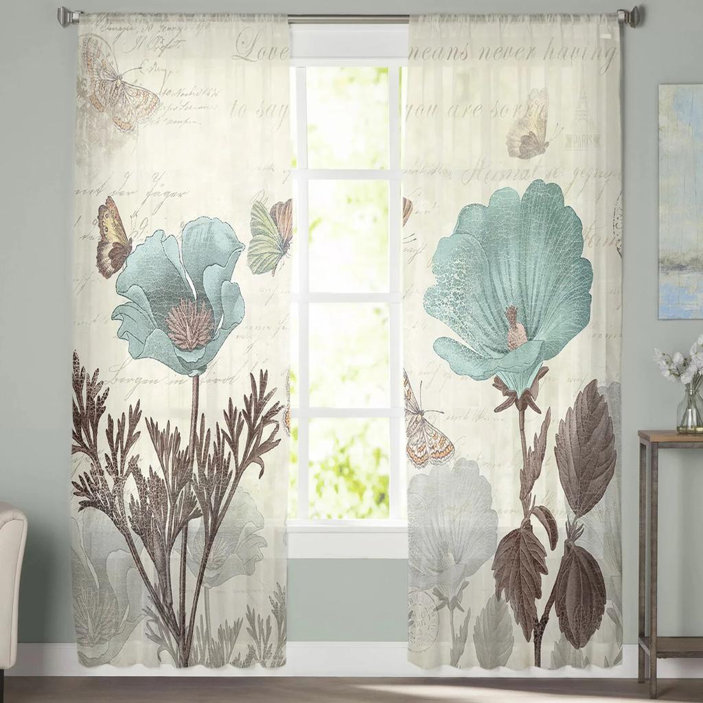 Vintage Tulpen Blumen Schmetterlinge Schlafzimmer Transparente Gardinen Urlaub Dekoration Fenster Voile Tüll Vorhang