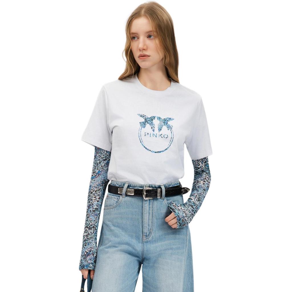 Pinko Classic White Short Sleeve T-Shirt With Blue Bird Print Women Tops PAF261218191