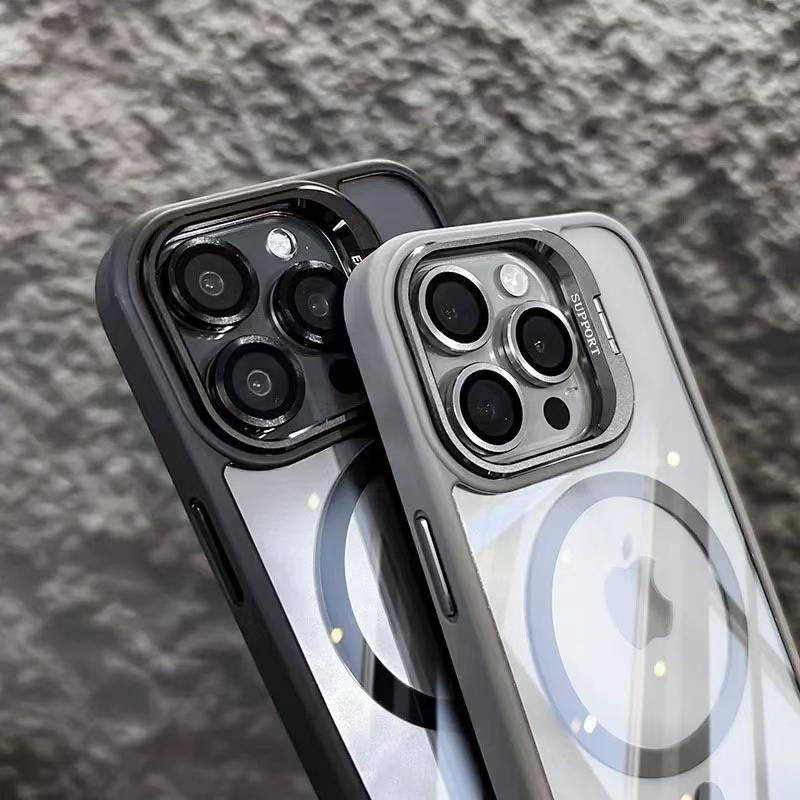 KEYSION Magnetic Transparent Phone Case for MagSafe for iPhone 11 12 13 14 Pro Max Lens Protector Metal Stand Shockproof Cover