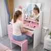 LED makeup vanity with mirror, pink cosmetic bag + girl's stool