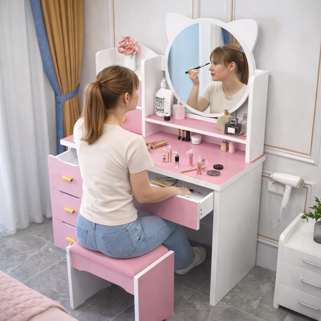 LED makeup vanity with mirror, pink cosmetic bag + girl's stool