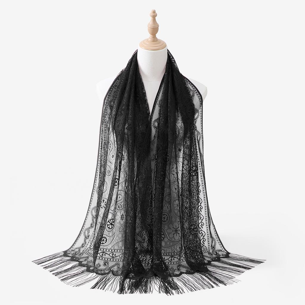 - New Muslim Cashew Nut Hollow Lace Fringed Long Scarf Silk Scarf Women'S Spring And Summer Long Scarf Shawl Women
