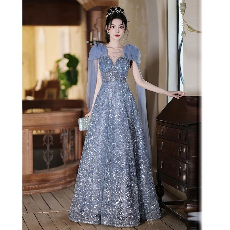 Evening Dress Skirt Women's 1011 New High-end Sense of High-end Light Luxury Niche Beautiful Blue Host Guzheng Performance Clothes