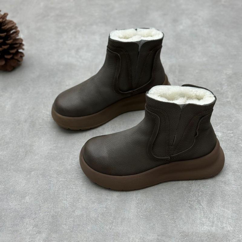 Cizme din Piele Naturală Bumbac Vintage Handmade Vârf Rotund Talpă Groasă Îngroșate Călduroase Lână Pură