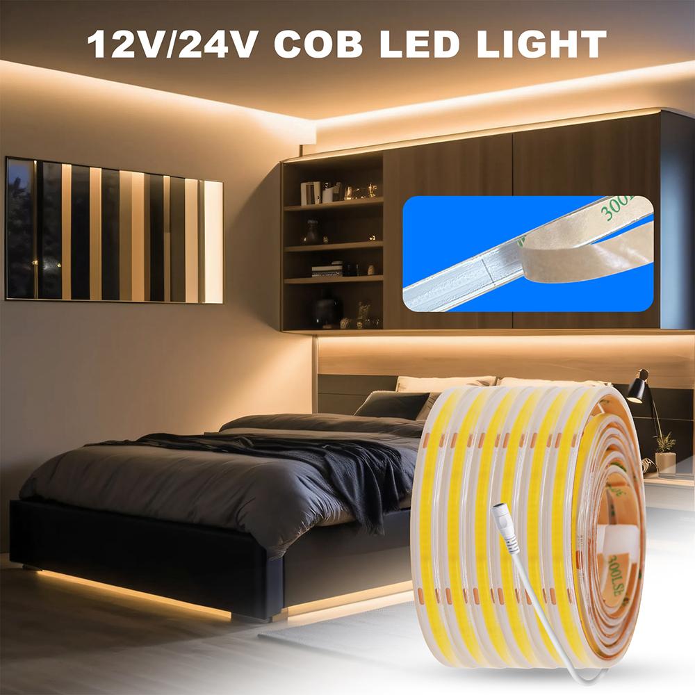 480LED/m COB LED Strip Light 12V 24V DC Plug/2Pin Wire Hight Bright Waterproof Flexible Tape Warm Natural White 5M10M 20M 0.5M