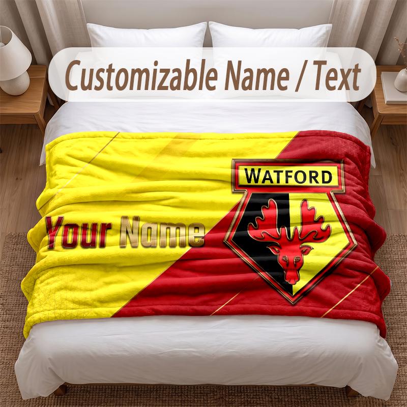 Watford FC Printed Flannel Blanket Custom Name Text Soft Warm Throw For Bedroom Holiday Gift