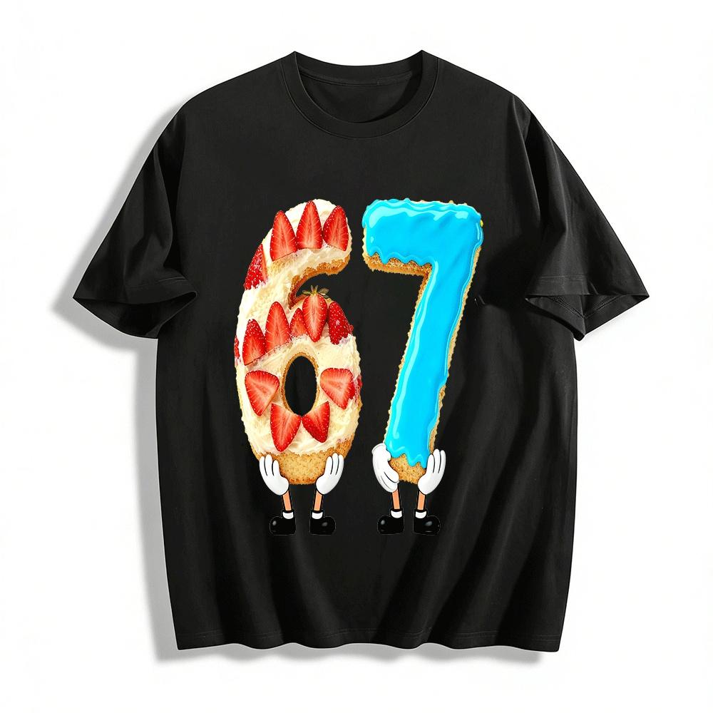 Fun Number 67 Strawberry Cream Cake Print Casual T-Shirt Pure cotton T-shirt XXS
