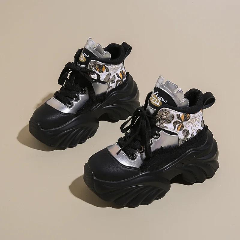 Fashion New Women Casual Platform Sneakers 8.5CM High Heels Autumn Sports Leather Shoes Breathable Trainers Chunky Zapatos Mujer