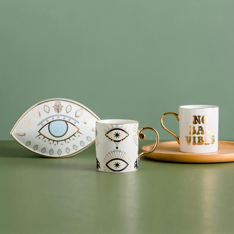 New Style Good Blessing Turkish Blue Evil Eye Hamsa Hand Coffee Tea Milk Cup Mug Gold Edge Handle Home Decor Gifts
