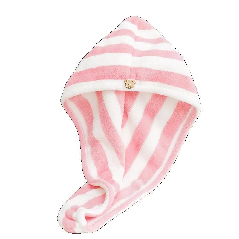 Japanese Style Microfiber Thickened Coral Velvet Cationic Dry Hair Cap Turban Water-absorbent Quick-drying Striped Shower Cap розовый