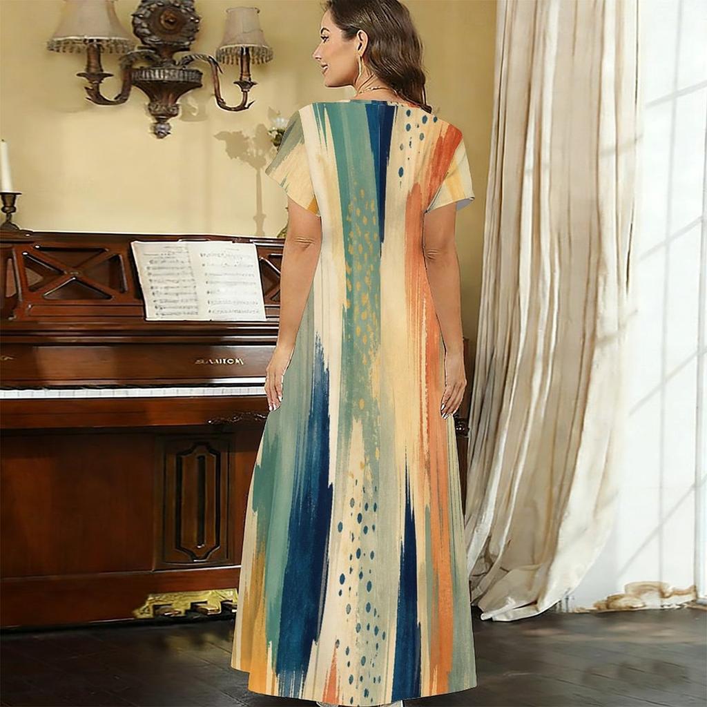 Women Plus Size V Neck Short Sleeve Printed Casual Straight Long Dress