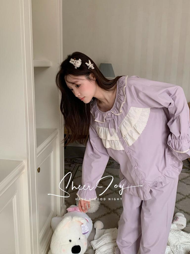 Pure cotton loose and cute long-sleeved trousers lace bow going out spring loungewear suit misty rain sweet dream