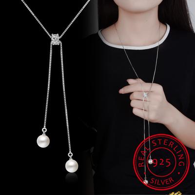 925 Sterling Silver Necklace Zirconia Pearl Sweater Long Chain Necklaces for Women Choker Collares Jewelry Gift