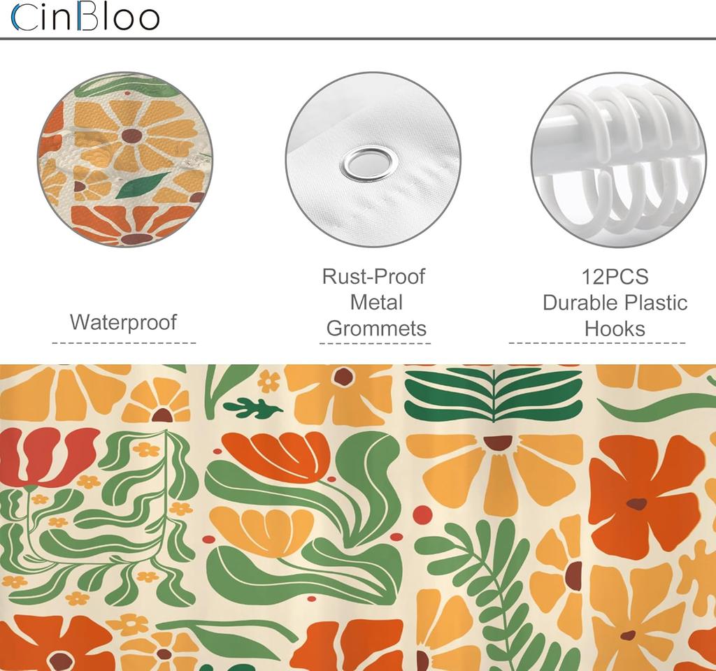 Colorful Floral Shower Curtain Vintage Inspired Design Orange Yellow Green Leaves Pattern Bathroom Decoration Trendy Boho