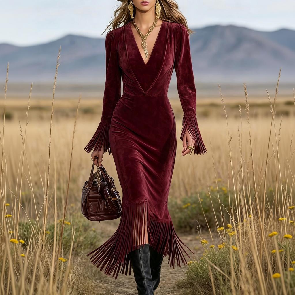 Damen Western Langarm Enganliegendes Kleid