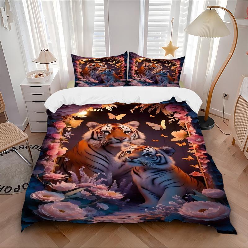 3-teiliges Tigerfamilie Bettwäsche-Set - Enthält 1 Bettbezug und 2 Kissenbezüge, Kein Bettdeckenbezug, Ganzjahres-Heimdekoration yy251111044