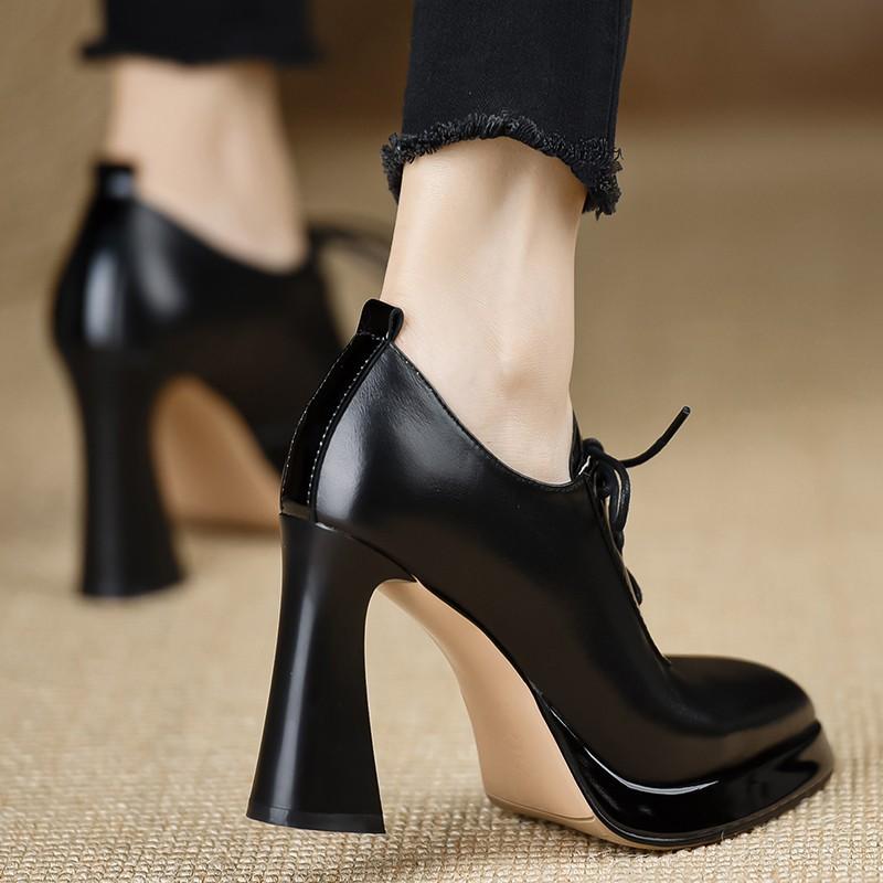 2025 New Color Matching Single Shoes Women's Autumn and Winter Pointed High Heels Thick Heel Trend Design Sense Lace-up Small Leather Shoes Women