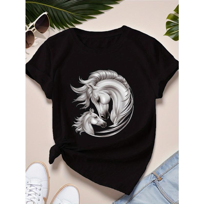 European Size Women's Plus Size Short Sleeve Round Neck Simple Horses Print Graphic T-shirt, Women's Sportswear & Clothing