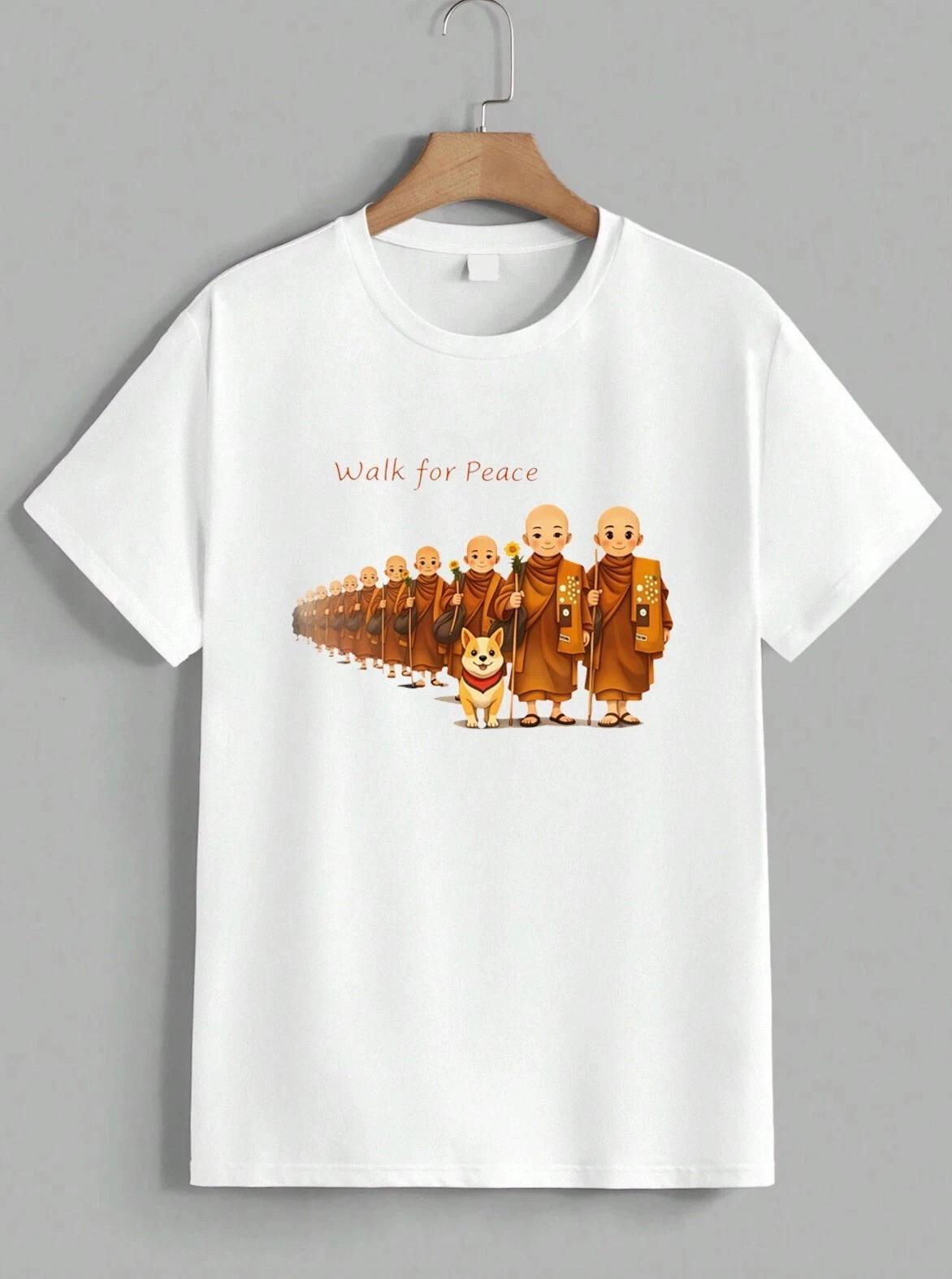Walk For Peace Buddhist Monks With Aloka Dog T-Shirt Zen Art Spiritual Unisex L