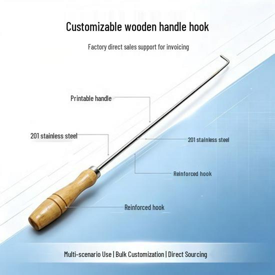 Stainless Steel BBQ Fire Hook with Wood Anti-Scald Handle