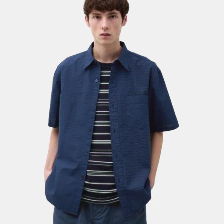 UNIQLO JW Anderson Collaboration SS24 Plaid Bubble Gauze Chest Pocket Short Sleeve Shirt Men shirts Navy 466938-69