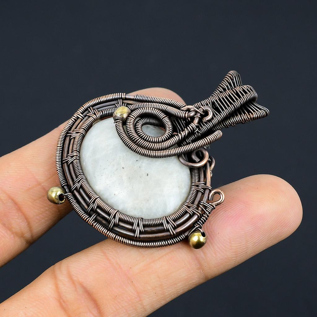 Natural Rainbow Moonstone Gemstone Copper Wire Wrap Gift Pendant 2.17" d8G38