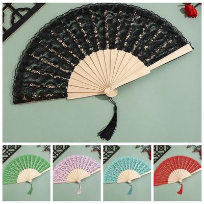 Portable Lace Pattern Chinese Fan Vintage Style Tassel Pendent Folding Fan Flower Design Hand Fan Wedding