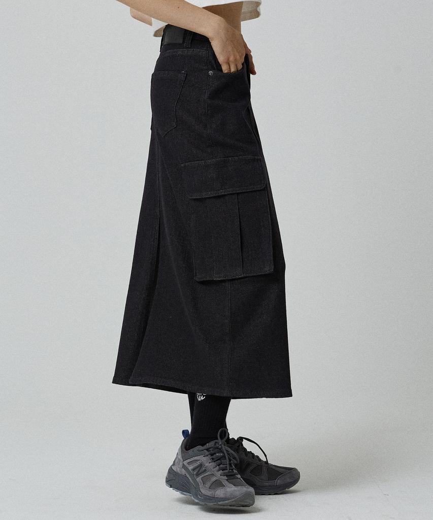 Mc Wood Gun Ronas 7994 Big Pocket Black Denim Long Skirt