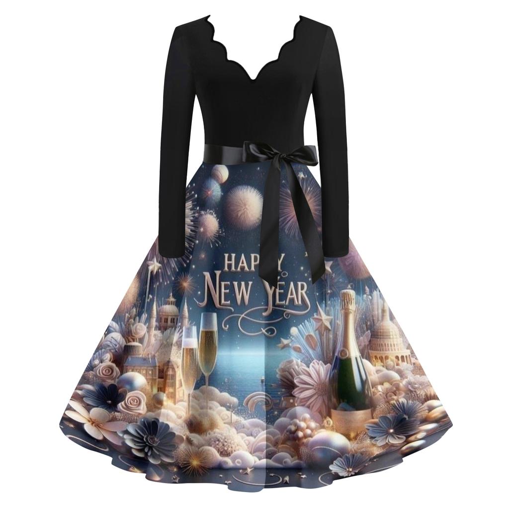 Γυναικείο Casual Μόδα Πρωτοχρονιάτικο Φόρεμα με V Λαιμόκοψη και Vintage Εκτύπωση