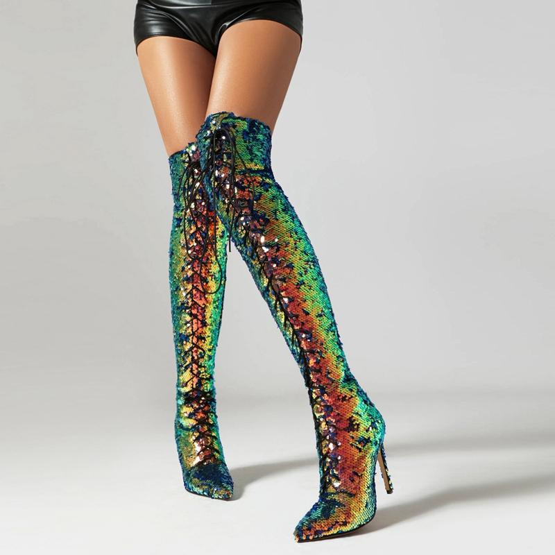 Fashion Women's New Fashionable Nightclub Style Pointed High Heel Large Sequin Lace up Boots High Leg Over Knee Long Boots