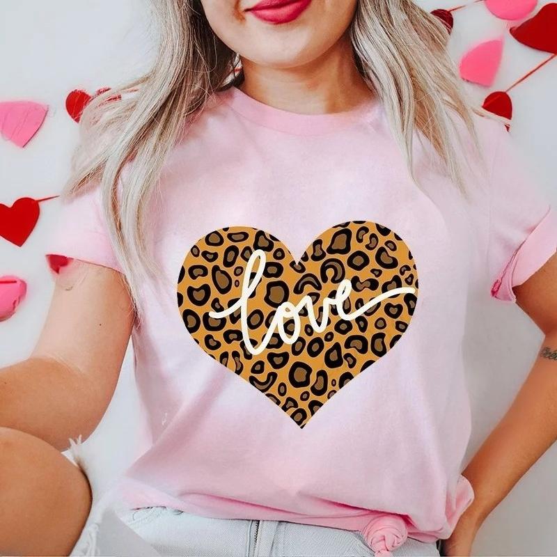 New Women's T-Shirts Clothing Valentine Leopard Love Heart Print Tees Breathable Tshirt Loose Top Harajuku Casual Short Sleeve