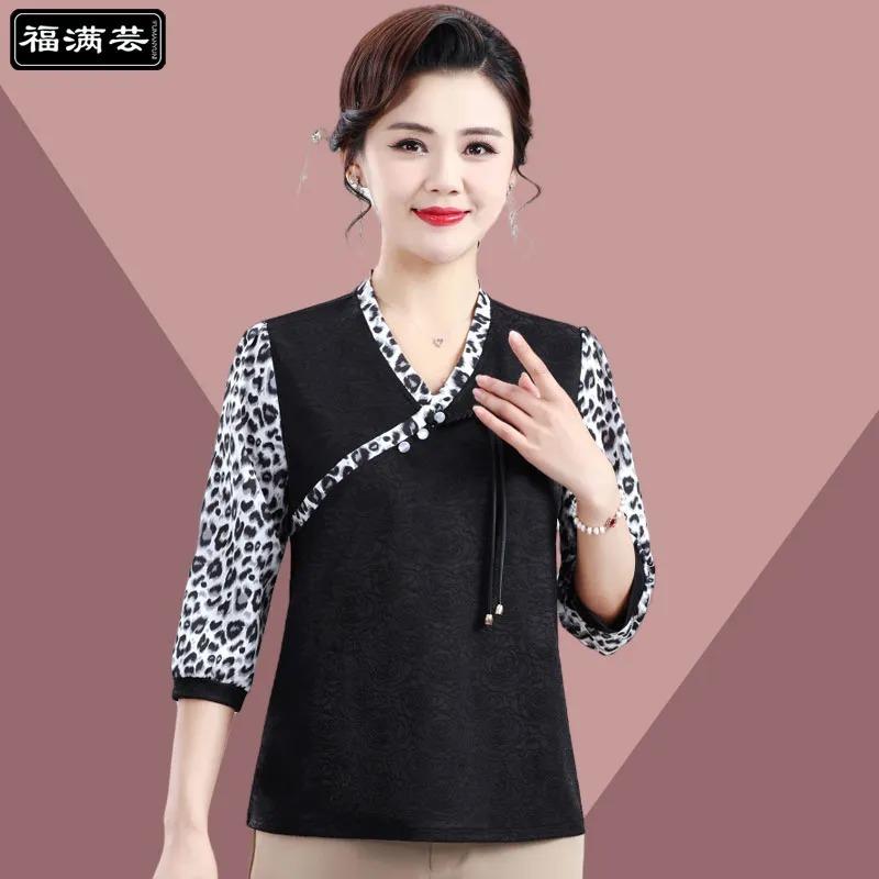 

Middle-aged Spring and Summer New Fashion Fashion Three-quarter Sleeve Loose Women s Patchwork Shirt Western Style Bottoming Top 3XL