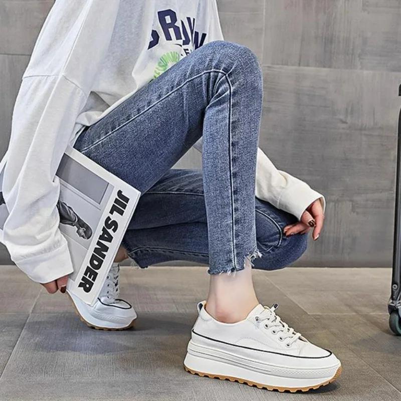 Fashion 5CM Genuine Leather Women Shoes Platform Wedge Skate Boarding High Brand Heels Casual Summer Vulcanize Shoes Spring Autumn Shoes