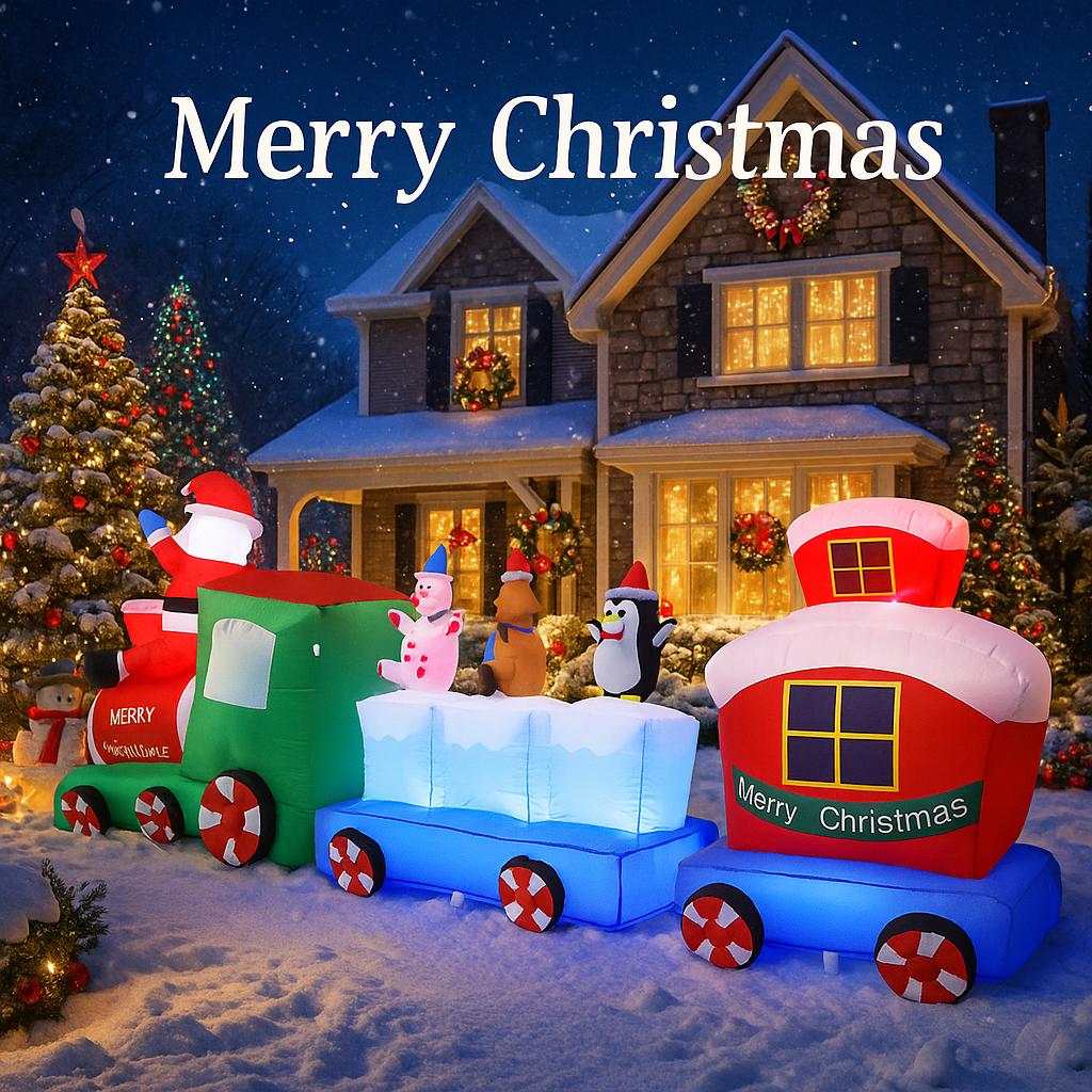 8.85FT Inflatable Christmas Toy Train Decoration Santa Claus Friends Xmas Yard Christmas LED Supplies Home Ornament Festive Gift