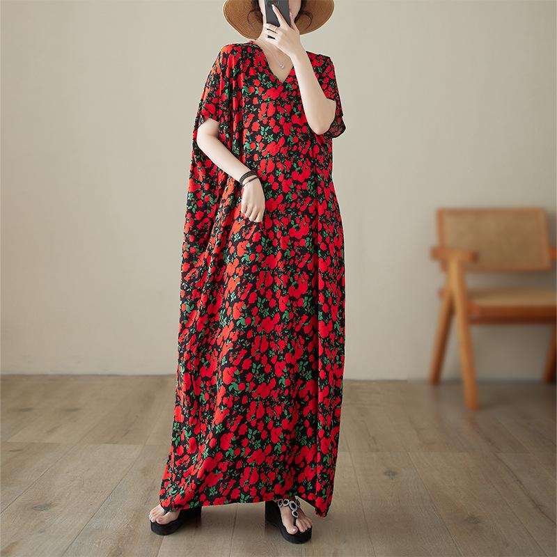 

Свободное летнее новое литературное хлопковое шелковое свободное платье с v-образным вырезом, длинный халат, удобное длинное платье One Size красный