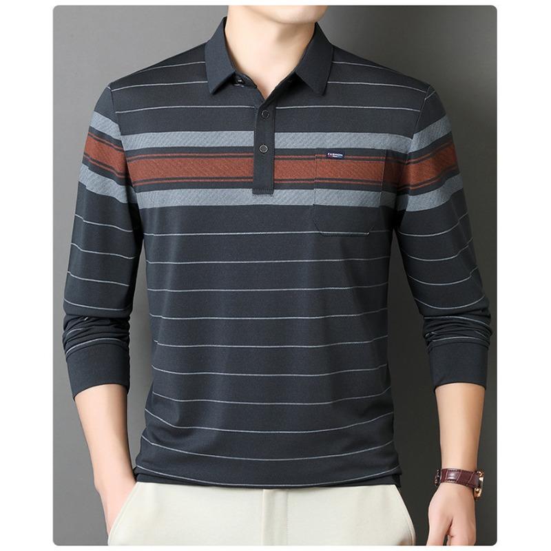 Men S Striped Long Sleeve Polo Shirt Loose Fit For Middle Aged Dad Autumn