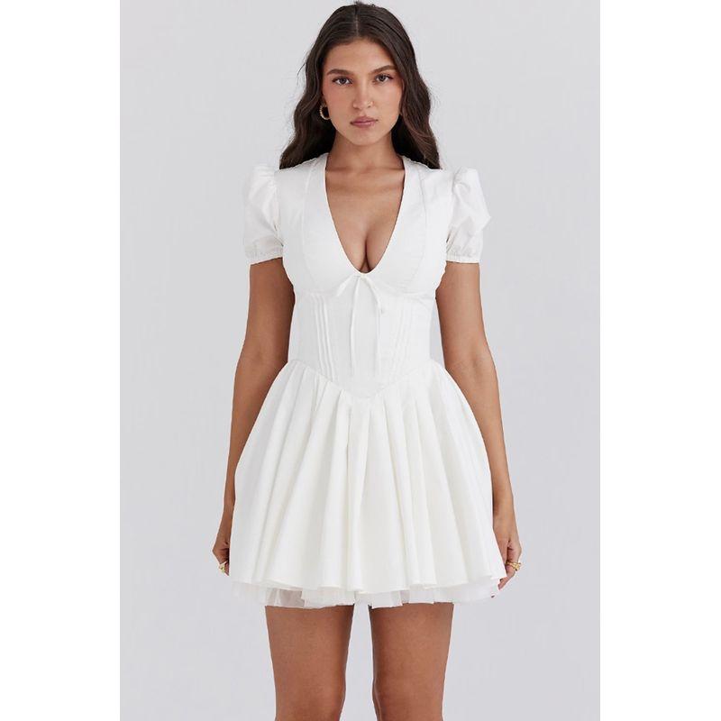 

House Same Style First Date Slim White Dress French Age-Reducing Puff Sleeves V-neck Pure Waist-Tight Slim Looking Holiday Dress White (with yarn) L